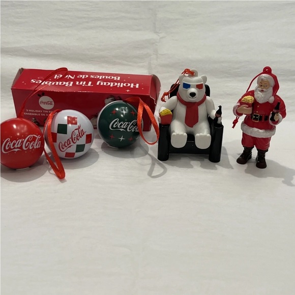 COCA-COLA Cineplex Santa Claus Ornaments Holding Popcorn + 3 Tin Holiday Baubles - Picture 8 of 13